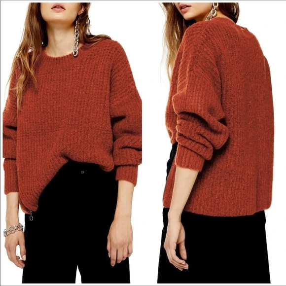 TopShop Zip Detail Waffle Knit Sweater Blouse Top Zipper Brown Rust Pullover - Picture 2 of 7